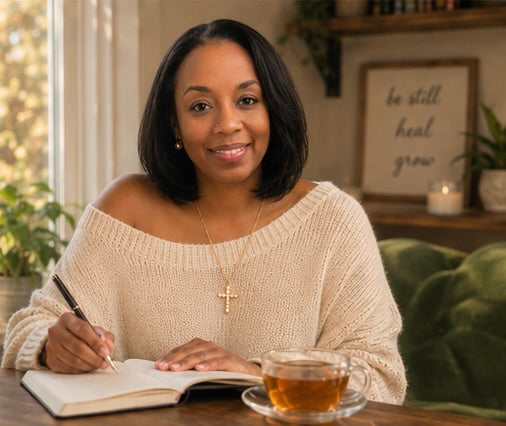 Freda Jean writing in her journal with tea