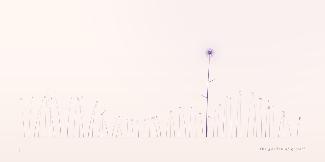 A soft illustrated garden of 60 delicate stems in plum, lavender, and cream, with one tall bloom standing above the rest